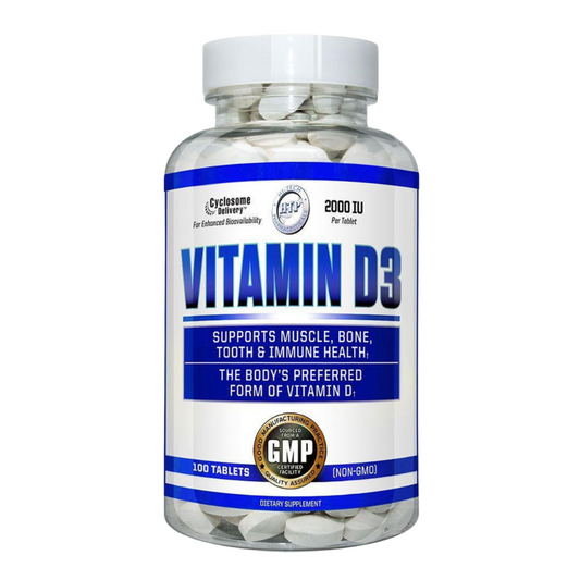 Hi-Tech Vitamin D3 bottle for daily bone, immune, and energy support.