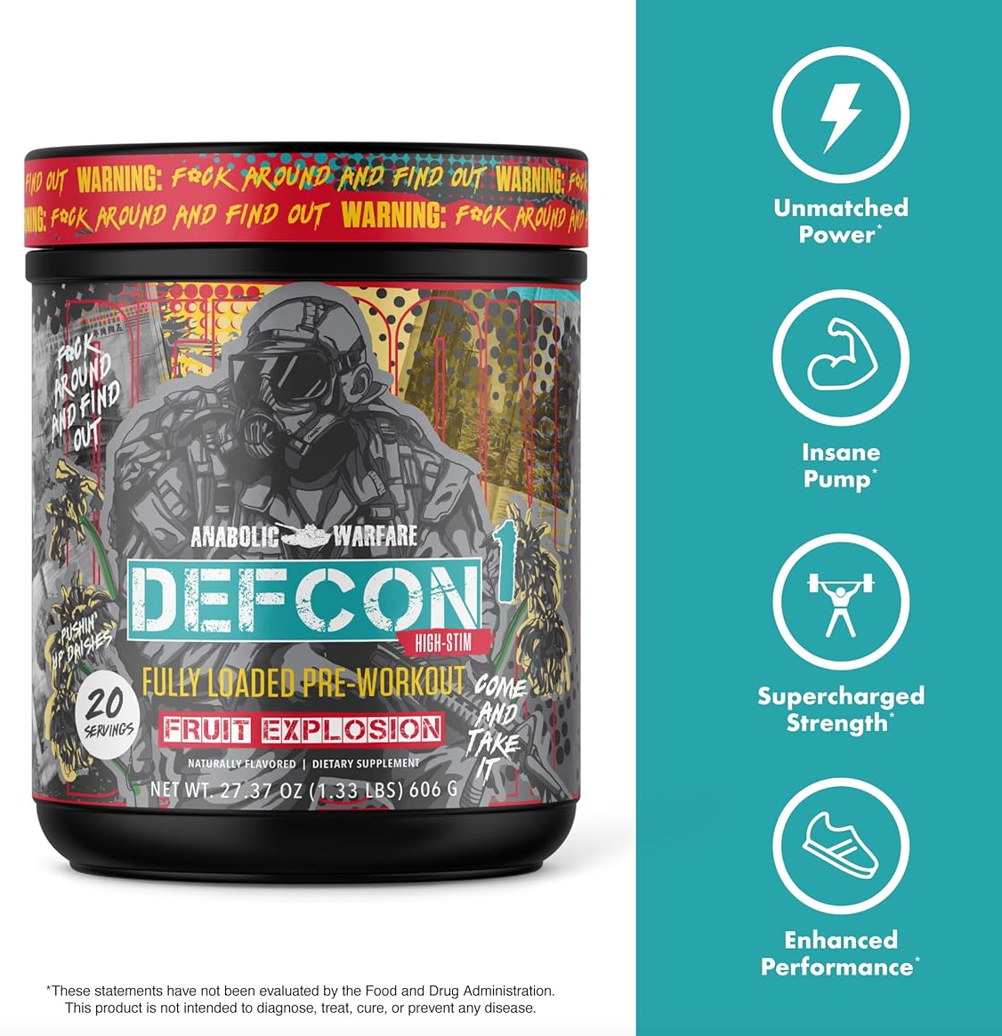 Container of DEFCON1 High-Stim Pre-Workout by Anabolic Warfare, unmatched power, insane pump, supercharged strength, enhanced performance