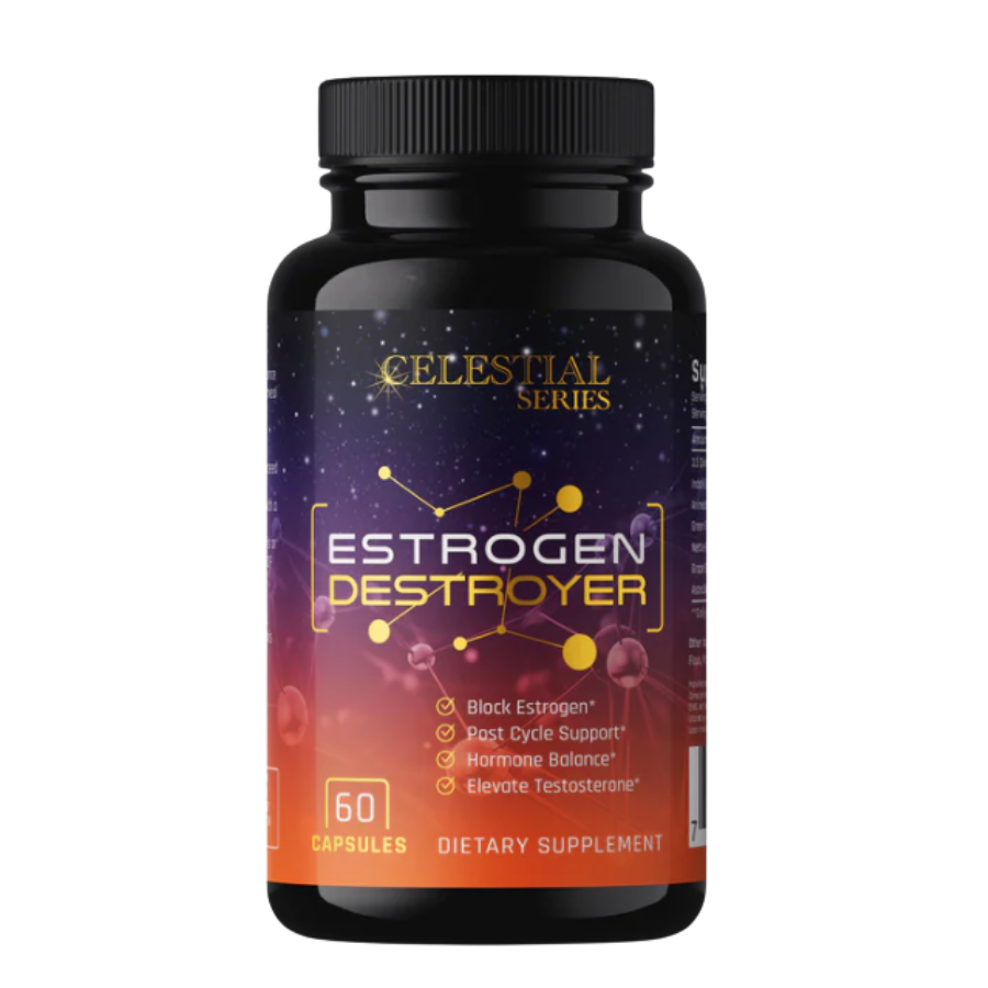 Bottle of Complete Nutrition Estrogen Destroyer supplement for hormone balance and muscle definition.