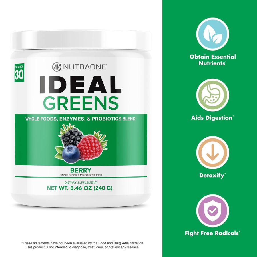 Container of Ideal Greens Natural Berry Superfood Powder by NutraOne.