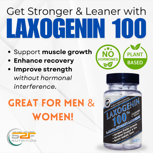 Laxogenin 100 supplement bottle for natural muscle growth, strength support, and recovery enhancement. Plant based and no hormones.