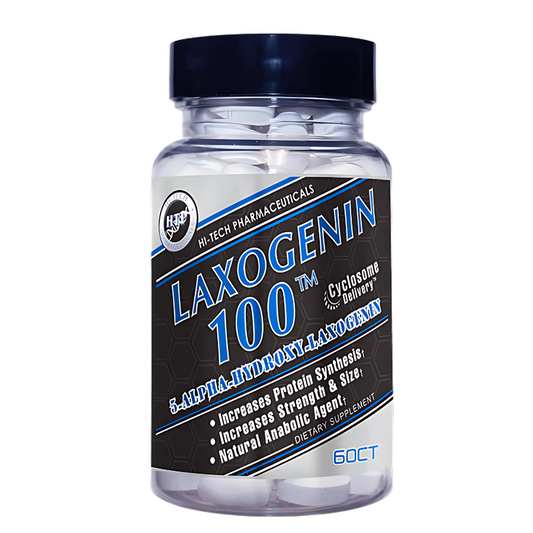 Laxogenin 100 supplement bottle for natural muscle growth, strength support, and recovery enhancement.