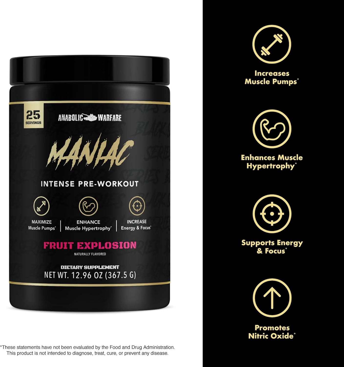 A container of Maniac pre-workout supplement by Anabolic Warfare, designed to boost energy, focus, and workout performance.