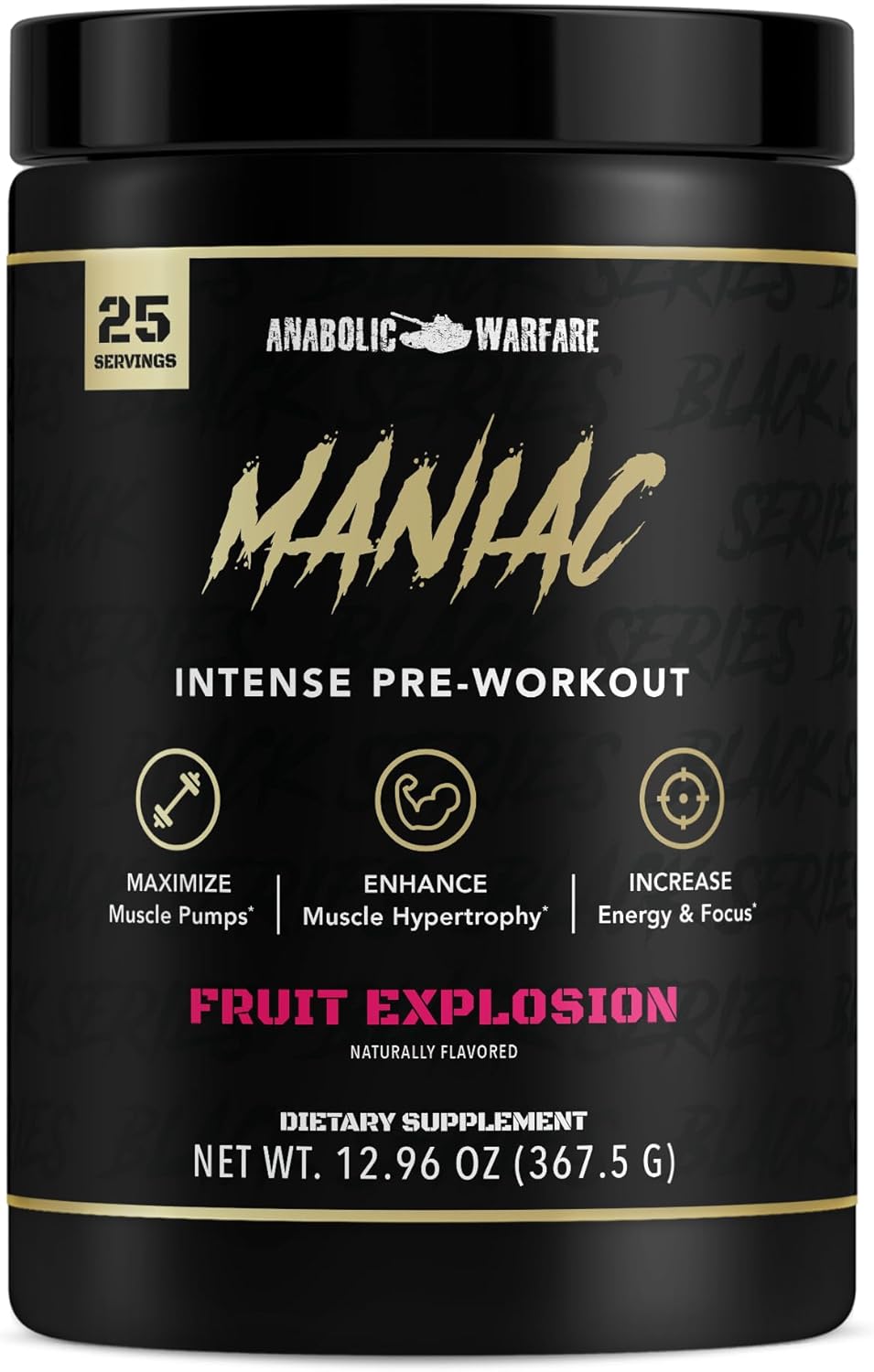 A container of Maniac pre-workout supplement by Anabolic Warfare, designed to boost energy, focus, and workout performance.