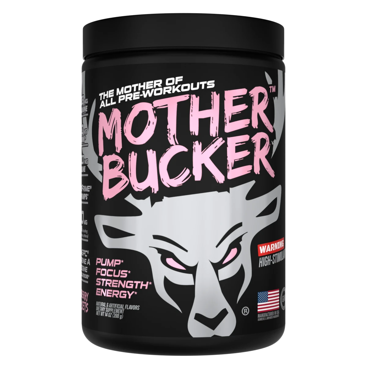 A container of Mother Bucker Pre-Workout by Bucked Up, a high-stimulant pre-workout for energy, endurance, and muscle pumps.