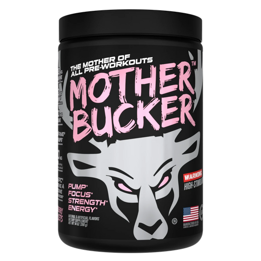 A container of Mother Bucker Pre-Workout by Bucked Up, a high-stimulant pre-workout for energy, endurance, and muscle pumps.