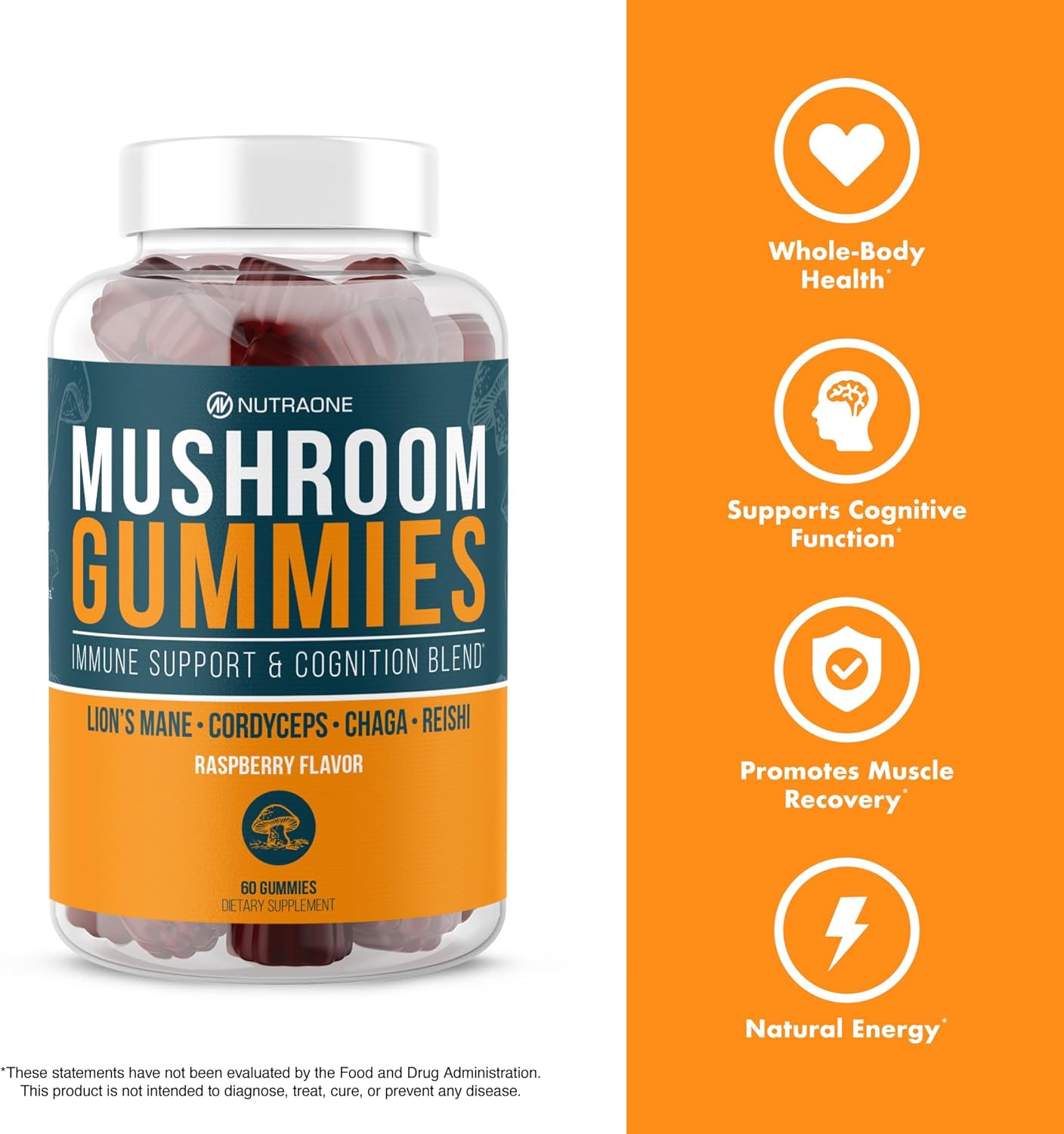 Mushroom Gummies by NutraOne, whole body health, cognitive function, muscle recovery, natural energy