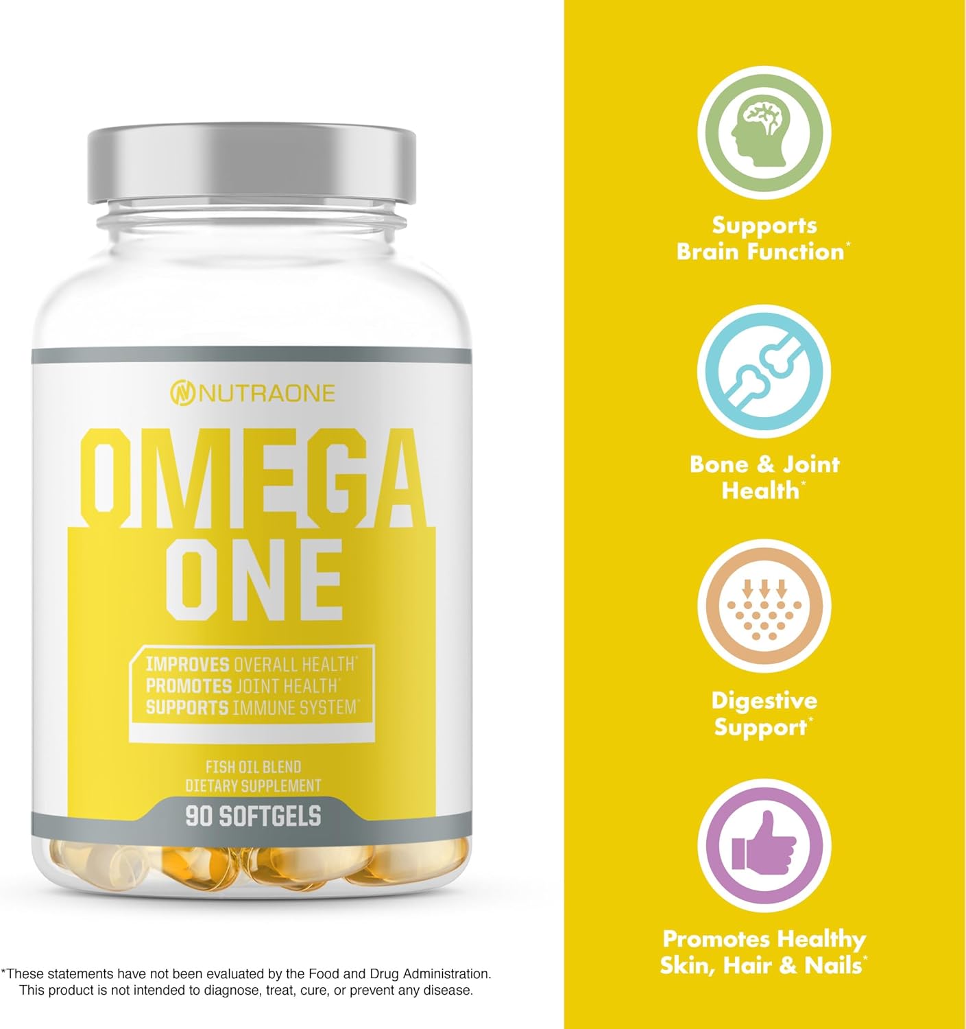 omega one by nutraone bottle and benefits supporting brain function, bone and joint health, digestive support, and promotes healthy hair, skin, nails