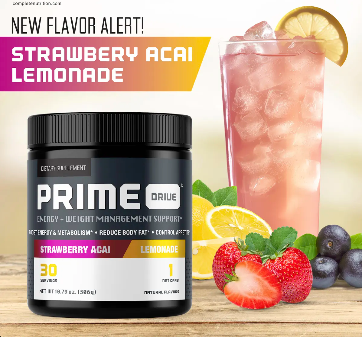 Complete Nutrition Prime Drive supplement container, highlighting its new flavor strawberry acai lemonade
