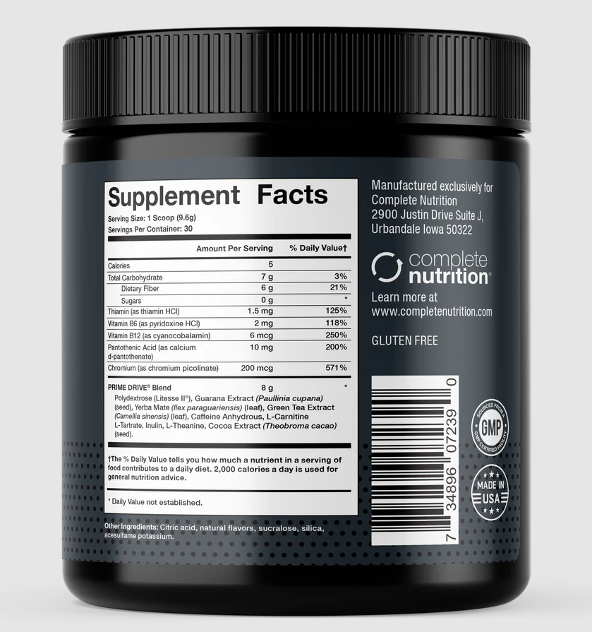 Complete Nutrition Prime Drive supplement container, highlighting its supplement facts