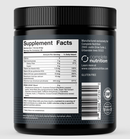 Complete Nutrition Prime Drive supplement container, highlighting its supplement facts