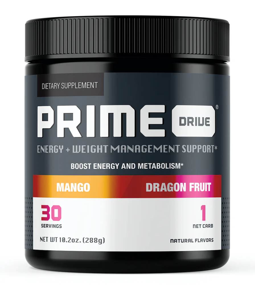 Complete Nutrition Prime Drive supplement container, highlighting its benefits for energy, metabolism, and appetite control.