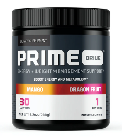 Complete Nutrition Prime Drive supplement container, highlighting its benefits for energy, metabolism, and appetite control.