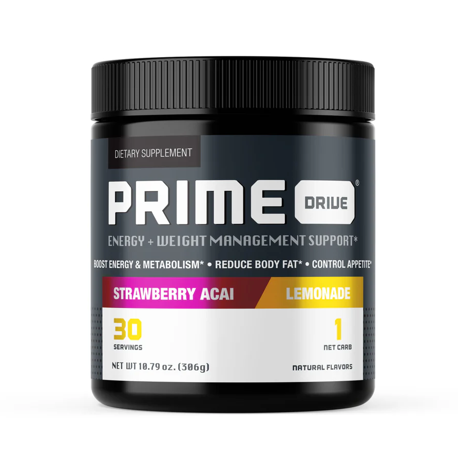 Complete Nutrition Prime Drive supplement container, highlighting its benefits for energy, metabolism, and appetite control.