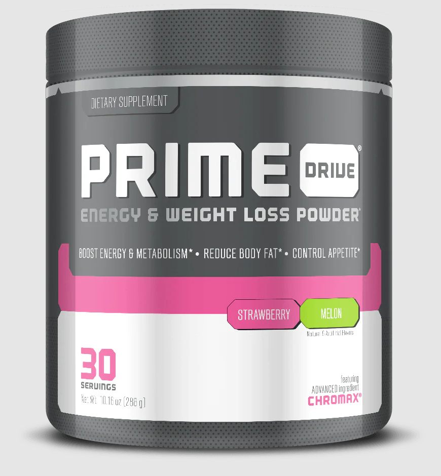 Complete Nutrition Prime Drive supplement container, highlighting its benefits for energy, metabolism, and appetite control.