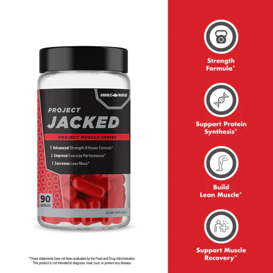 Anabolic Warfare Project Jacked supplement bottle, designed to support strength, power, and lean muscle growth.