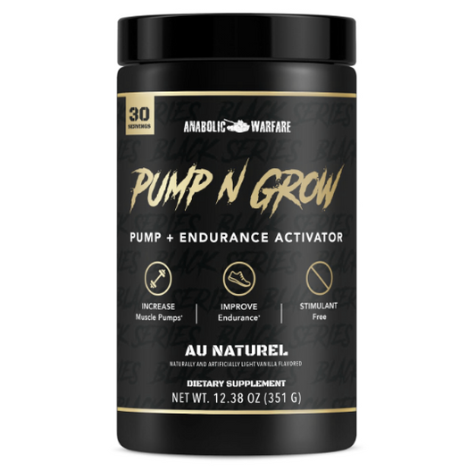 Anabolic Warfare Pump-N-Grow bottle for stimulant-free pre-workout muscle pump and endurance support.