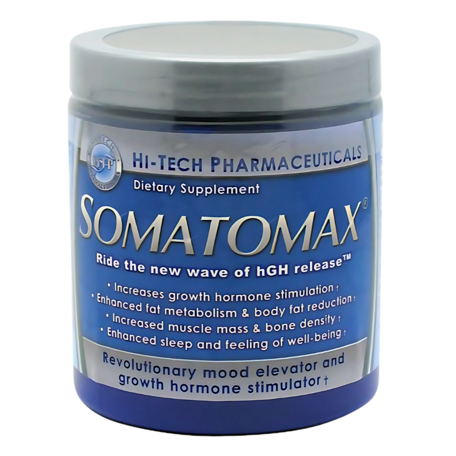 Somatomax supplement bottle for deep sleep, recovery support, HGH stimulation, and better body composition.