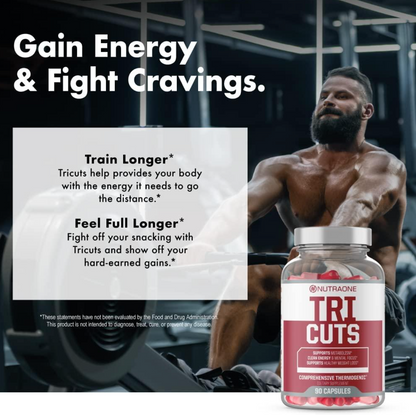 NutraOne TriCuts bottle, highlighting its thermogenic formula for energy and fat metabolism support.​
