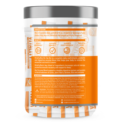 NutraOne VitalityOne packet, highlighting its all-in-one formula for daily wellness support.​