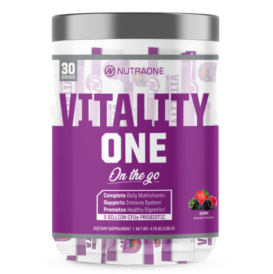 NutraOne VitalityOne packet, highlighting its all-in-one formula for daily wellness support.​