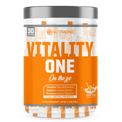 NutraOne VitalityOne packet, highlighting its all-in-one formula for daily wellness support.​
