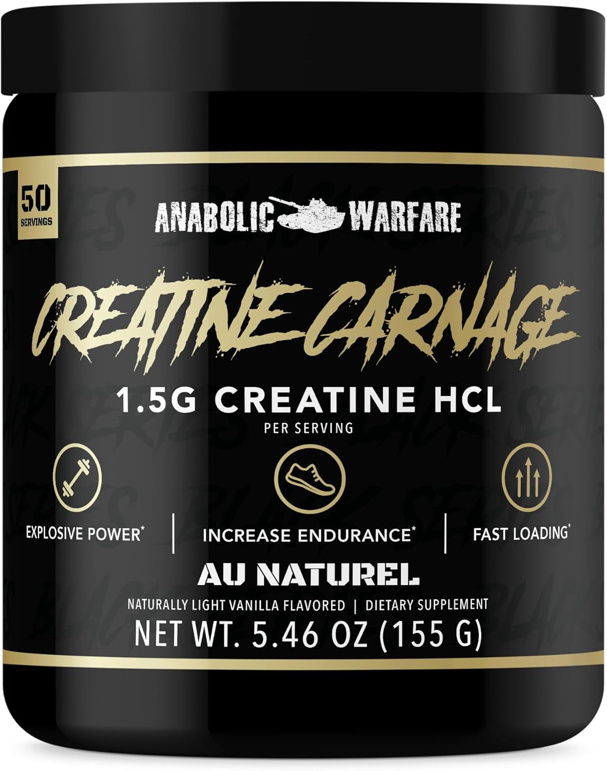 Anabolic Warfare Creatine Carnage supplement bottle—fast-absorbing Creatine HCL for strength, endurance, and muscle support.