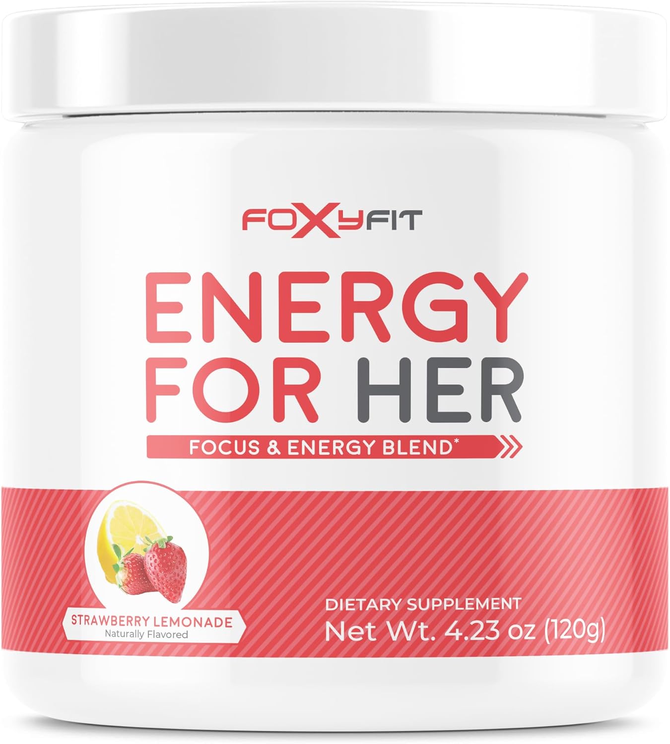 FoxyFit Energy For Her supplement container, strawberry lemonade