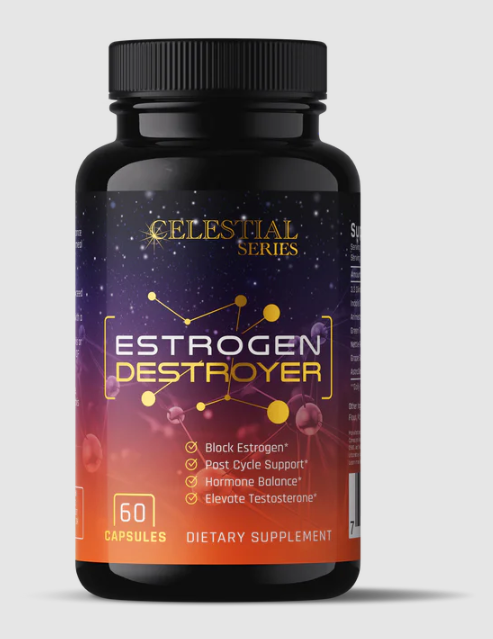 Bottle of Complete Nutrition Estrogen Destroyer supplement for hormone balance and muscle definition.