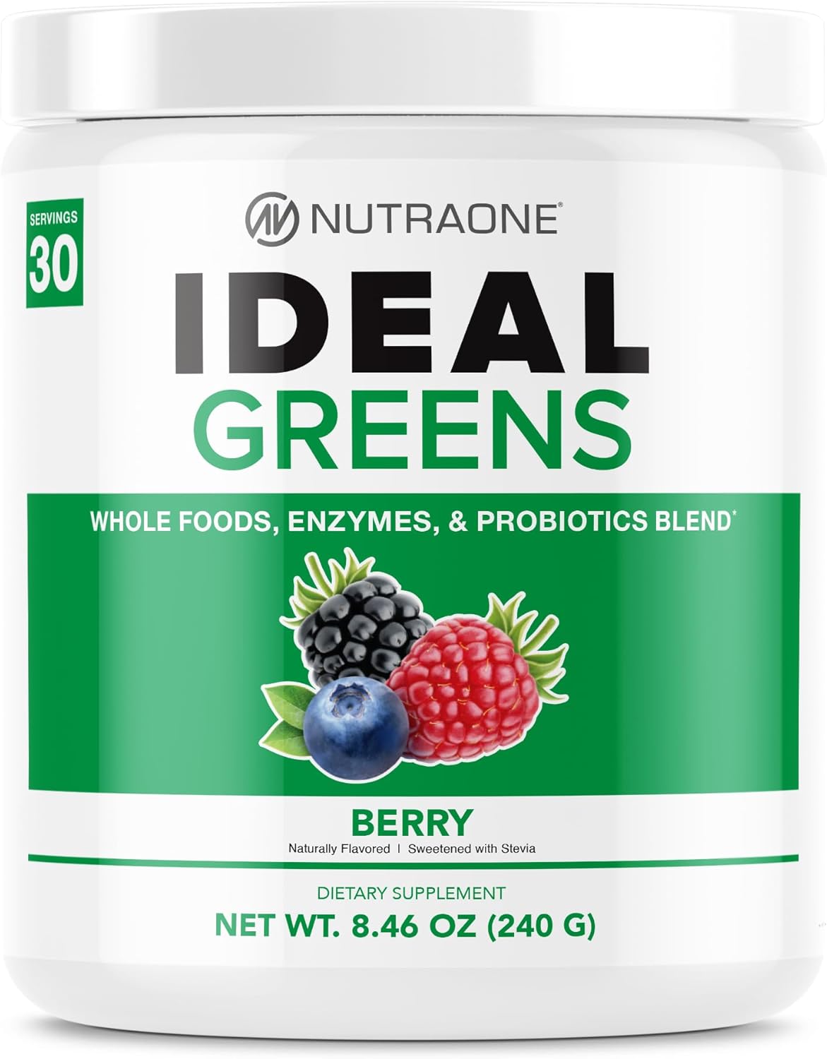 Container of Ideal Greens Natural Berry Superfood Powder by NutraOne.