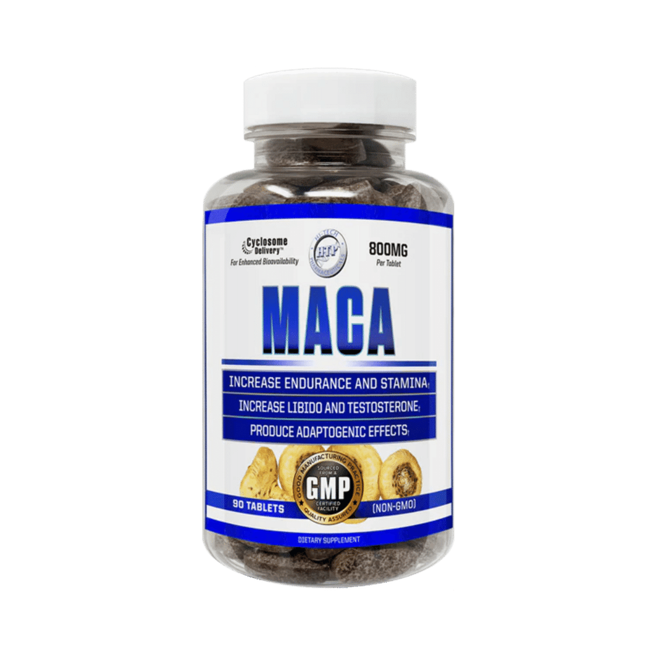 Hi-Tech Pharmaceuticals Maca bottle, highlighting its support for energy, mood, and hormonal balance.​