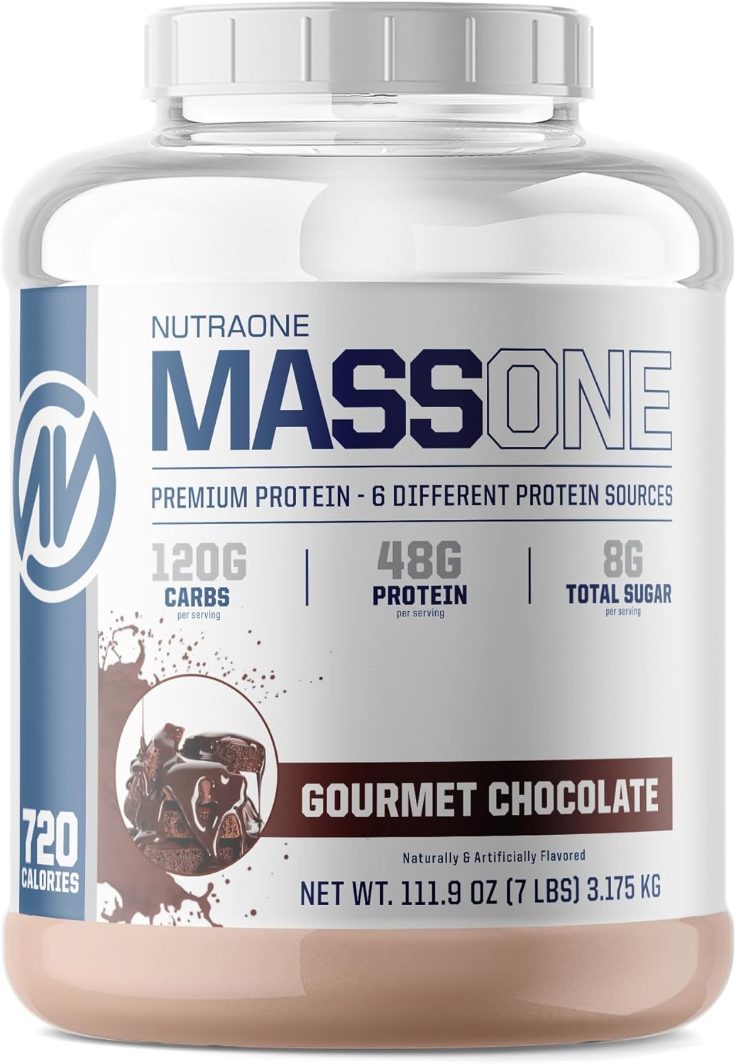 A container of MassOne mass gainer by NutraOne, designed to support muscle growth and recovery.