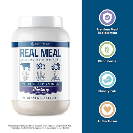 NutraOne Real Meal container, promoting clean and balanced nutrition for meal replacement.